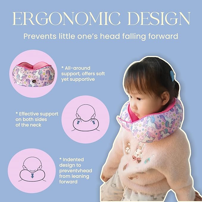 SKYTRAX® Certified Kids Safe Memory Foam Travel Neck Pillows for Kids and Toddlers, Cute Cartoon Design, Car Seat & Airplane Head Neck Support, Adjustable Snap Buttons, Washable Soft Cover (Unicorn)