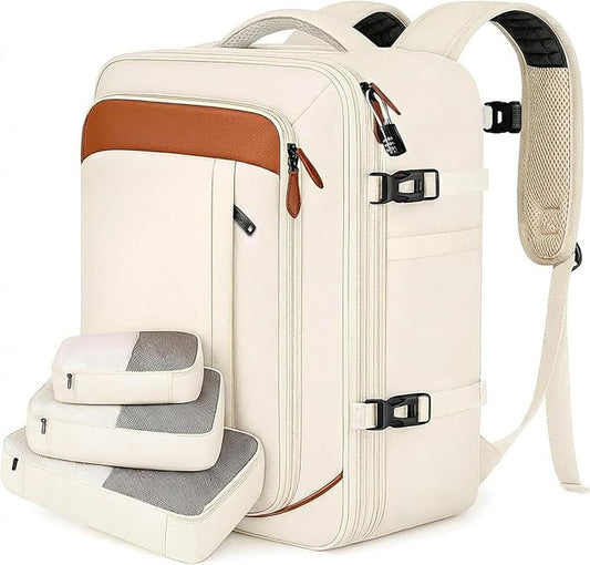 Vancropak Travel Backpack for Women, Airline Approved Carry On Backpack with 3 Packing Cubes, Expandable Large 40L Travel Bag fits 17" Laptop, Anti Theft Luggage Suitcase Weekend Daypack, White Brown