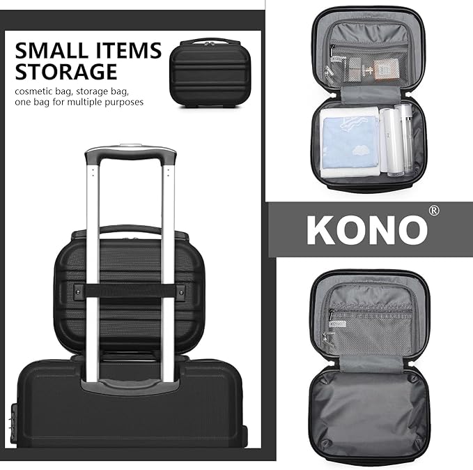 Kono Carry On Luggage Set Airline Approved Lightweight PC+ABS Carry On Suitcase with TSA Lock Spinner Wheels Durable Luggage Hardside Black