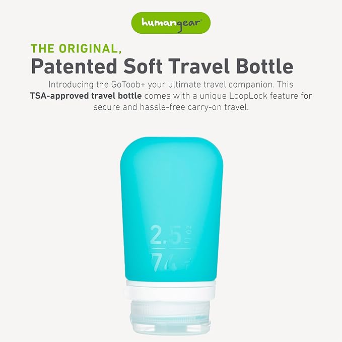 humangear GoToob+ (Medium) | Refillable Silicone Travel Bottle | Locking Lid | Food-Safe Material | Aqua, Medium (2.5 fl.oz.; 74ml)