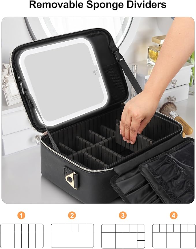 Relavel Makeup Train Case With LED Mirror, Professional Travel Cosmetic Bag with Removable Partitions, Compact Makeup Organizer with Shoulder Strap, Waterproof Travel Case for Women, Black