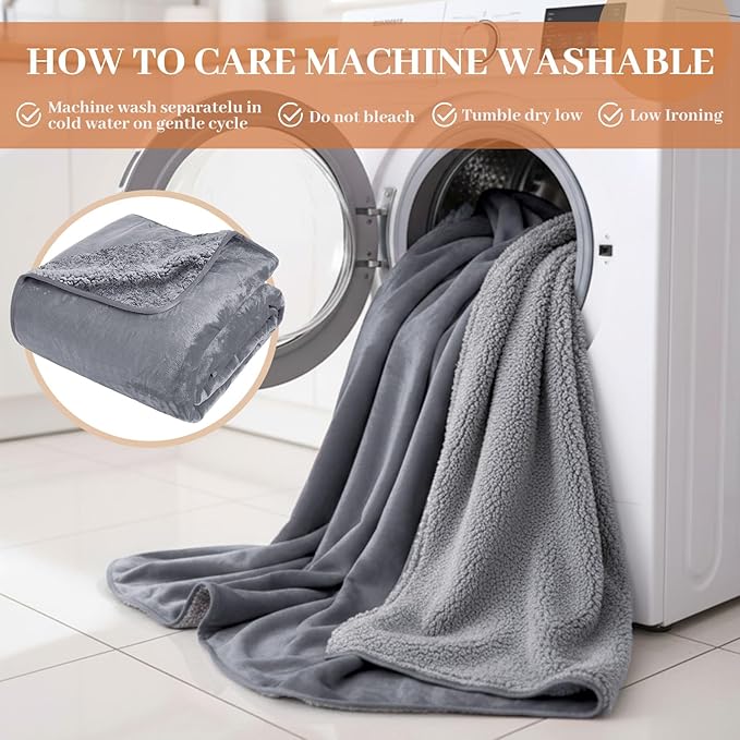 King Size Waterproof Blanket for Bed Couch, Gray 82'' x 82'' Double Side Leakproof Reversible Sherpa Flannel Fleece 3-Layer Lightweight Blanket, Absorbs 80oz, Machine Washable