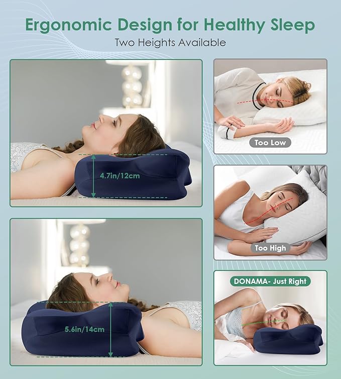 DONAMA Cervical Pillow for Sleeping, Contour Memory Foam Pillow for Neck and Shoulder Support, Ergonomic Neck Pillow for Side Back Stomach Sleepers, Bed Pillows with Cooling Pillowcase