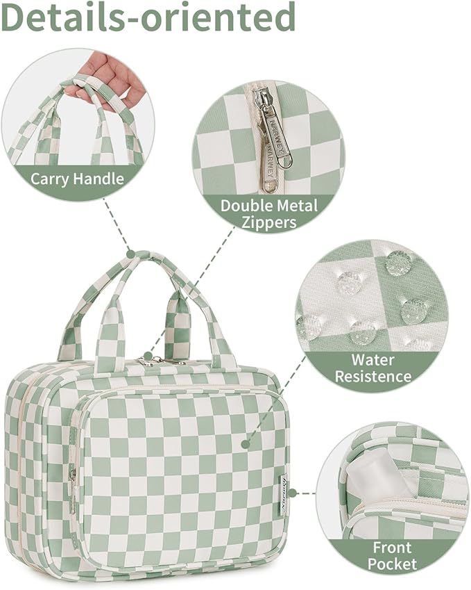 Narwey Travel Toiletry Bag for Women Large Capacity, Hanging Makeup Bag Organizer Toiletries Bag for Full Size Essentials, Accessories, Brushes, Cosmetics (Mint Green Checkerboard (Large))