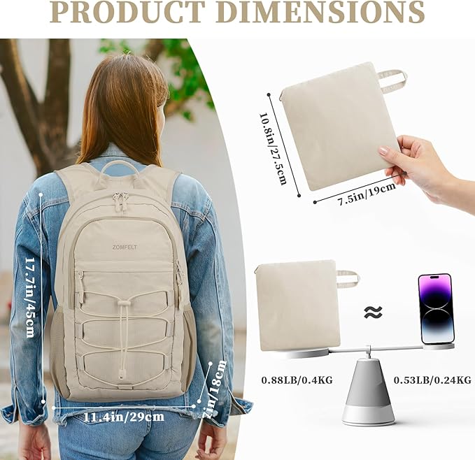 ZOMFELT Hiking Backpack for Women Men, 25L Lightweight Packable Backpacks for Trip, Water Resistant Small Travel Backpack, Foldable daypack for Hiking, Walking, Cycling, Camping, Beige