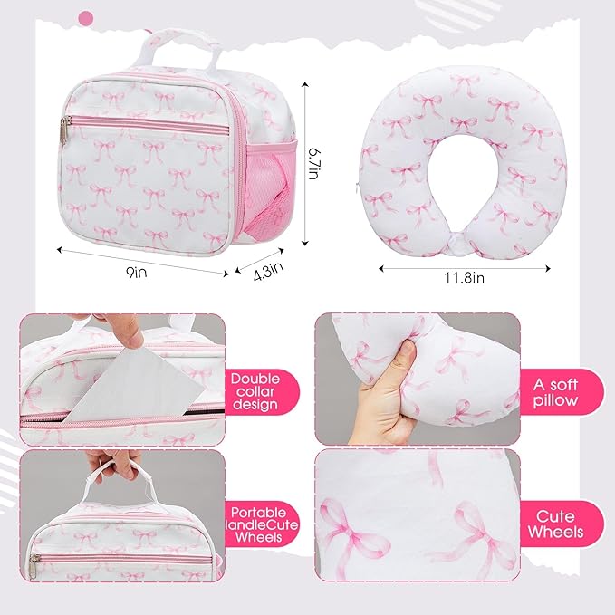 Redbaker 17 Inch 6 Pcs Kids Luggage Set Gifts for Christmas Kids Rolling Luggage Double Pattern Suitcase for Boys Girls (Pink, Bow Style)