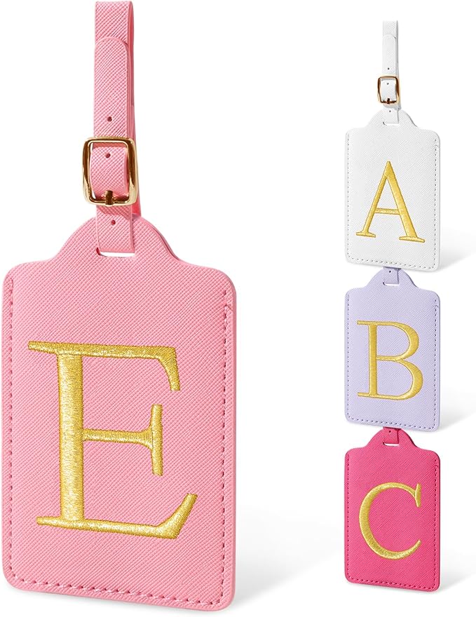 Initial Luggage Tags for Suitcases, Cute Embroidered Letter Luggage Bag Suitcase Identifier Name Baggage Tag, PU Leather Travel Luggage Tags, Bag Tags for Men Women Kids Luggage Handbags(Pink E)