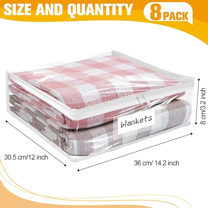 Kikerike Plastic Storage Bags with Easy-Glide Zipper, Pack of 8, Durable Clear Vinyl Zippered Storage Bags for Clothes Sweaters Comforters Blankets Sheets Bedding (14.2 x 12 x 3.2 Inch)