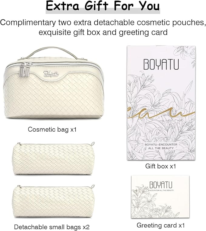BOYATU Travel Makeup Bag Cosmetic Bags for Women: Large Capacity 3 Pcs Set Make up Bag with Compartments - Waterproof Vegan Leather Toiletry Organizer Bags with Handle (L09 Beige)