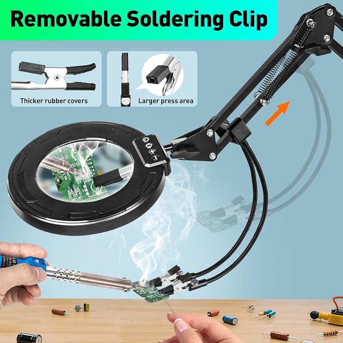 12X Magnifying Glass with Light and Stand, Soldering Helping Hands | 3-Section Swing Arm Workbench Lighted Magnifier, 5 Color Stepless Dimming, LED Desk Lamp with Clamp for Craft Repair Reading