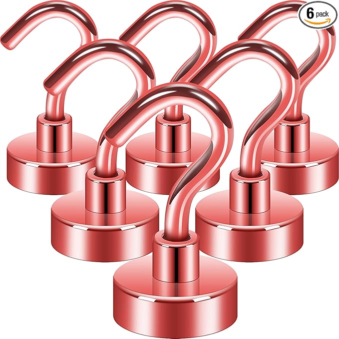 Neosmuk Magnetic Hooks, 30lb+ Heavy Duty Earth Magnets with Hook for Refrigerator, Extra Strong Cruise Hook for Hanging, Magnetic Hanger for Cabins, Grill (Red, Pack of 6)