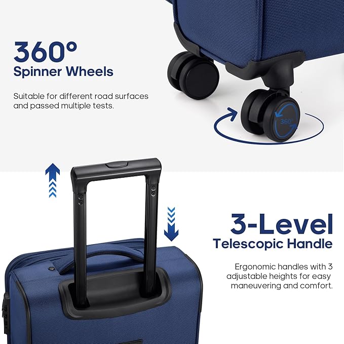UKEIN Softside Expandable Carry On Luggage 22x14x9 Airline Approved, 20 Inch Suitcase with Wheels & TSA Lock, Travel Suitcase with 4-Piece Packing Bags for Women Men
