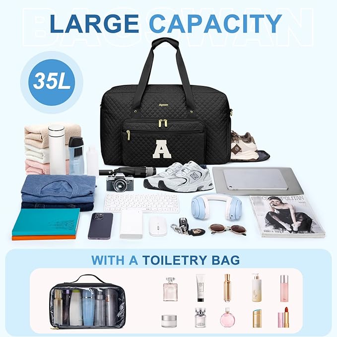 Initial Travel Duffle Bags for Women - Personalized Weekender Bag with Shoe Compartment Overnight Bags with Toiletry Bag Hospital Bag for Women Birthday Gifts for Mom Wife Friends Black (Letter A)