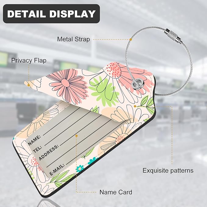 2Pack Luggage Tags for Suitcases, Cute Unique Pu Leather Cruise Luggage Tag with Privacy Cover ID Label Address Card and Metal Ring Suitable for Women Men Kids Travel Bag Pink Line Flower
