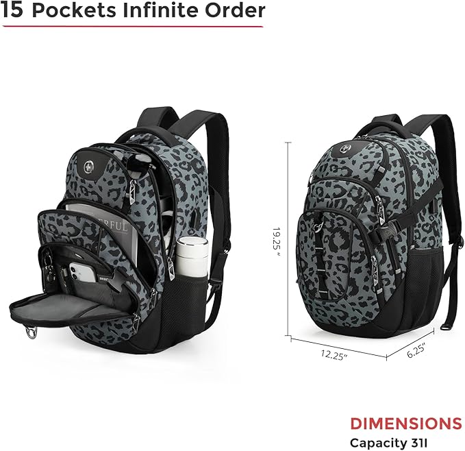 Swissdigital Laptop Backpack with USB Charging Port, Travel Backpack Fits 15.6 inches Computer, 31L Backpack for Men, Gray Leopard | SD803-101