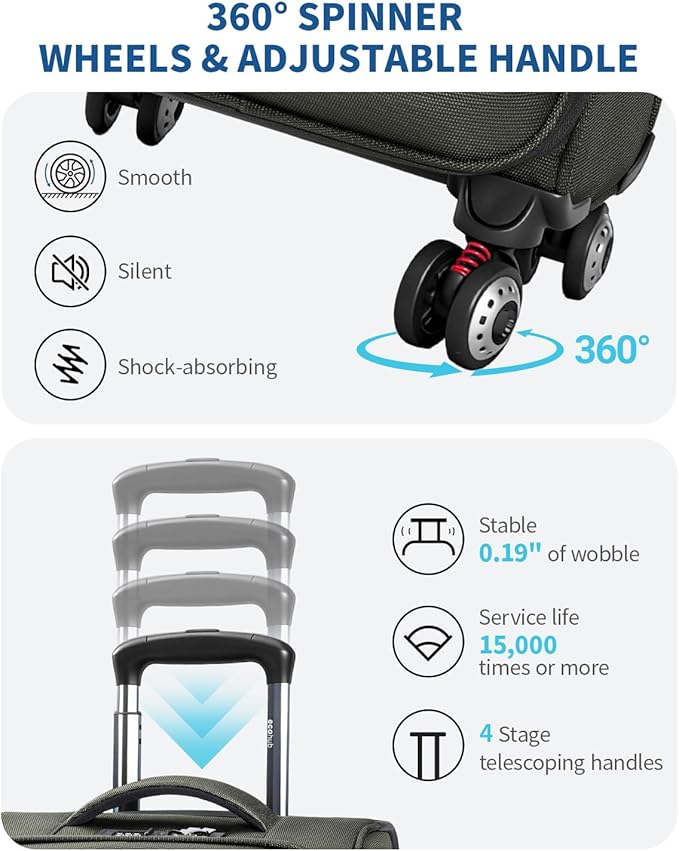 ECOHUB Carry On Luggage Airline Approved, 20 Inch Softside Carry On Suitcase with Spring Shock-Absorbing Spinner Wheels, Lightweight Travel Luggage with TSA Lock, 22x14x9 Carry-On Bag