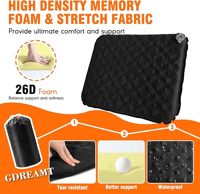 Inflatable Seat Cushion, Self-Inflating Memory Foam Stadium Seats Cushion Lightweight & Compact Chair Sitting Pad Airplane Cushion for Long Flight Travel Outdoor Camping Car Bleachers Office