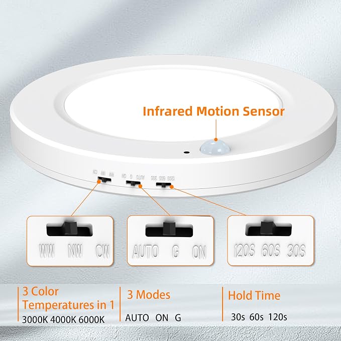 Motion Sensor Ceiling Light Hardwired, 7.5 Inch 3000K 4000K 6000K Selectable LED Flush Mount Ceiling Light Fixture with Timer, 15W Motion Sensor Light Indoor for Closet Hallway Laundry Stairs