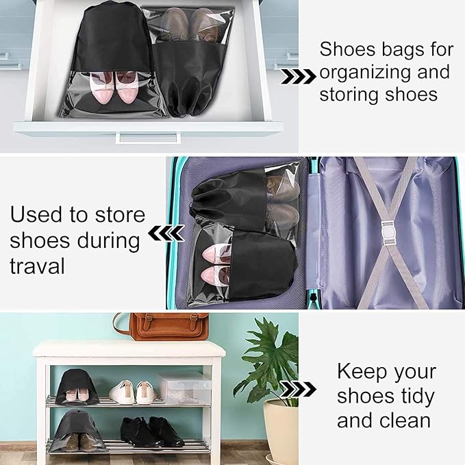 6 Pcs Travel Shoe Bags, ULIFEMALL Large Non-Woven Drawstring Shoes Storage Bag with Transparent Slot Clear Window Portable Waterproof Dustproof Shoes Pouch Packing Organizer for Men Women, Black