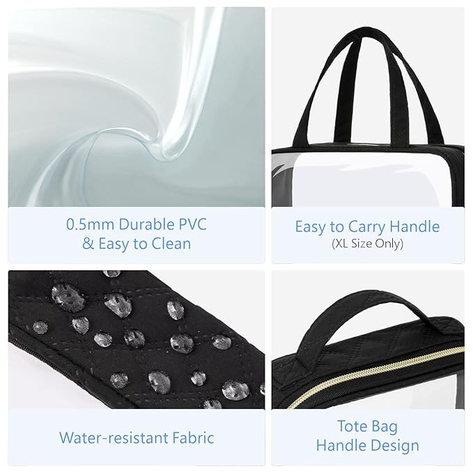 PACKISM Clear Makeup Bag Combo Pack, 1 TSA Approved Medium & Large/XL for Checked Luggage, Clear Toiletry Bag with Handle, Water-resistant Travel Essentials Organizer, Black