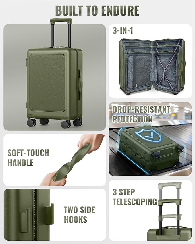 Joyway Luggage Sets 4 Piece with Spinner Wheels, Carry On Luggage 20In with ABS+PC Hardshell, Lightweight Suitcase Set with Travel Backpack and Pressure-resistant Frame, 20/24/28 Inch, Green