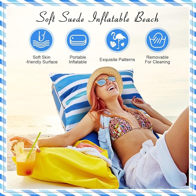 Menkxi 24"x15" Inflatable Beach Pillow with Removable Cover, Beach Chair Backpacking Pillow with Strap Stripe for Summer Sand Pools Travel Vacations(Blue White)