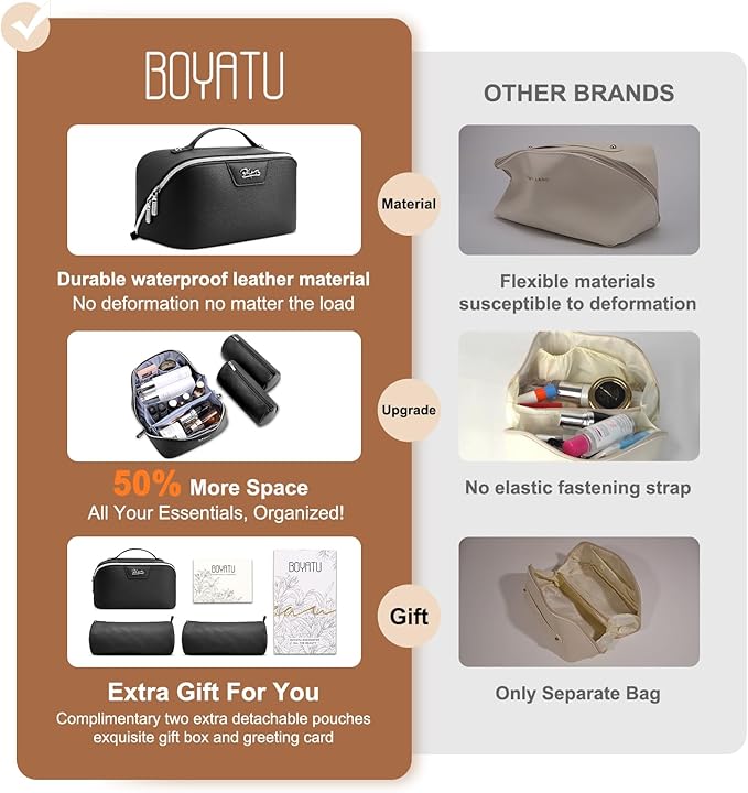 BOYATU Travel Makeup Bag Cosmetic Bags for Women: Large Capacity 3 Pcs Set Make up Bag with Compartments - Waterproof Vegan Leather Toiletry Organizer Bags with Handle (L26Black)