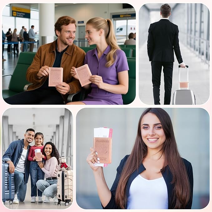 Passport Holder for Travel, RFID Blocking Passport Cover with Pen Holder Leather Passport Wallet Case Travel Must Haves Accessories Passport Book Card Holder for Family Travel Essentials, Rose Gold
