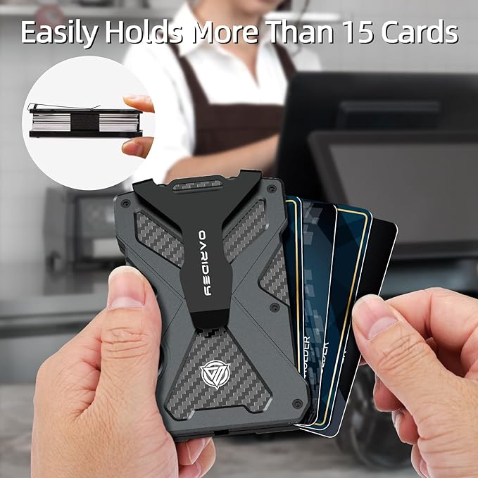 Minimalist Wallet for Men- Slim Aluminum Metal Money Clip Wallet with Clear ID Card Holder, Carbon Fiber Wallet, RFID Blocking,Holds up 15 Cards with Cash Clip,Ultra-Thin Tactical Wallet - Dark Grey