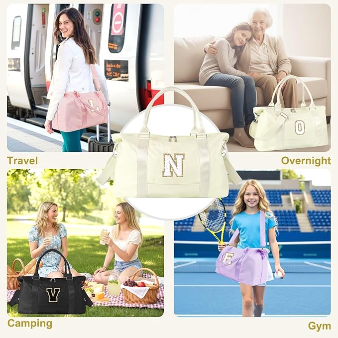 Dance Gym Duffel Bag for Teen Girls, Personalized Initial Travel Weekender Bag,Cute Overnight Carry On Duffle for Women,Sports Travel Cheer Bag,Monogram Christmas Gifts for Tween Preppy(beige-N)