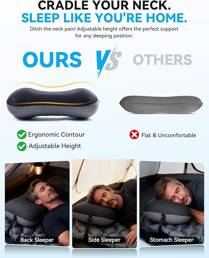 Hikenture Camping Pillow with Removable Cover - Ultralight Inflatable Pillow for Neck Lumbar Support - Upgrade Backpacking Pillow - Washable Travel Air Pillows for Camping, Hiking, Backpacking