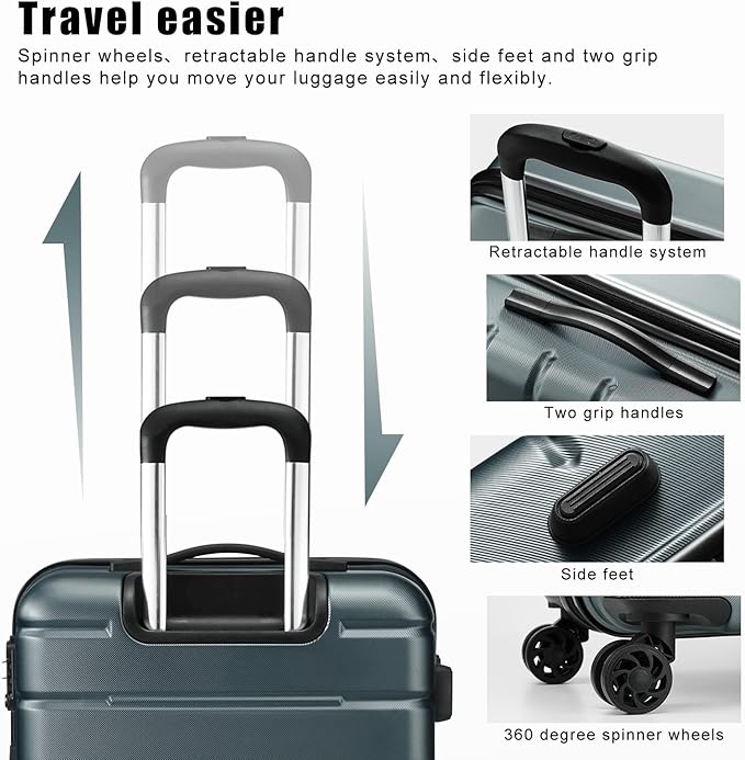 Coolife Luggage 3 Piece Set Suitcase Spinner ABS+PC Hardshell Lightweight TSA Lock USB Port, 20in 24in 28in Carry on Expandable (only 28’’), Navy Blue