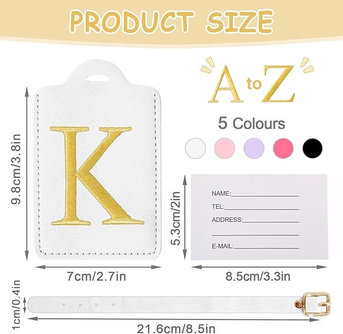 Personalized Initial Luggage Tags for Suitcases, Cute PU Leather Embroidered Letter Travel Luggage Tags, Suitcase Identifier Name Baggage Tag, Bag Tags for Men Women Kids Luggage Handbags(White K)