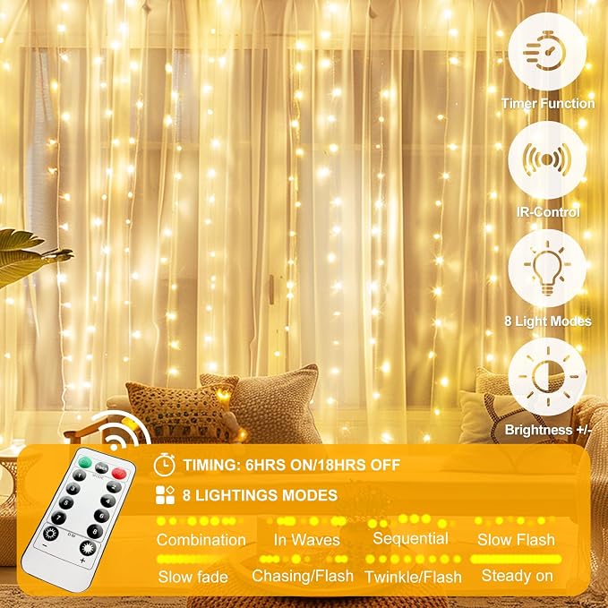 Fairy Curtain Lights Upgraded Tangle-Free Warm White USB Plug in 8 Modes String Hanging Lights with Remote for Christmas, Bedroom, Indoor, Outdoor, Weddings, Party (6.6FTx6.6FT)