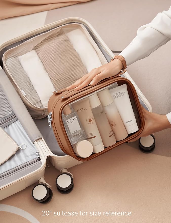 Clear Cosmetic Bag Double Layer Travel Toiletry Bag Clear Makeup Bag Case with 4 Compartments, Transparent Travel Bag for Toiletries, Large Toiletry Bag for Women Cosmetic Case (Brown, Large)