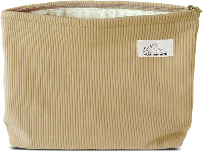 HAPPYHEIDI Cute Corduroy Makeup Bag with Pocket, Large Cosmetic Travel Pouch, Vintage Yellow, Lightweight, Zipper Closure, Canvas Lined