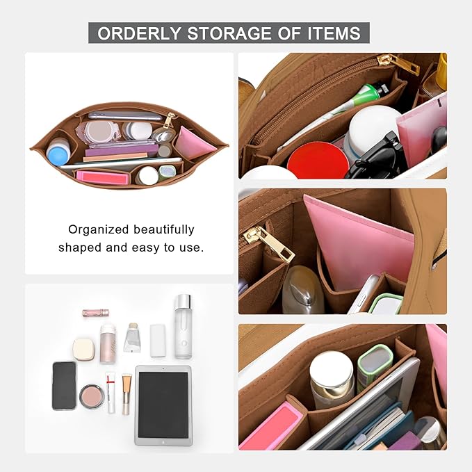 LOUKAYCCI Purse Organizer Insert for Longchamp Le Pliage M Handbag Insert Felt Long Champ Tote Bag Organizer Insert with Cup (EarthColor, Medium)