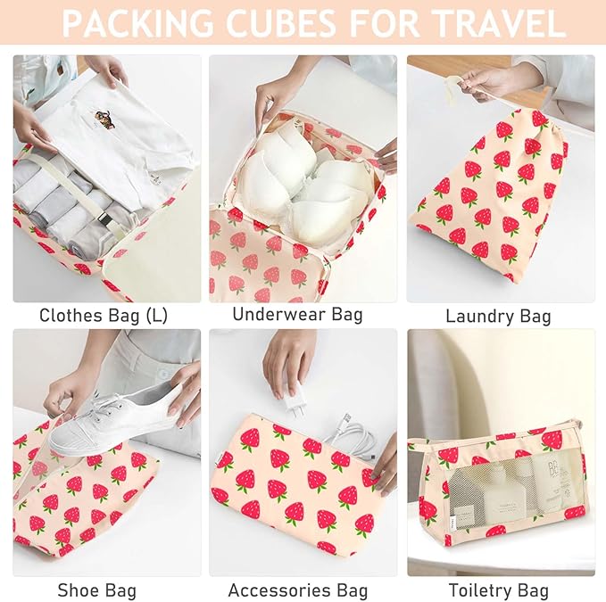 KPX 8 Set Packing Cubes for Travel, Luggage Packing Organizers Accessories Large Toiletries Bag for Clothes Shoes Cosmetics (Strawberry)