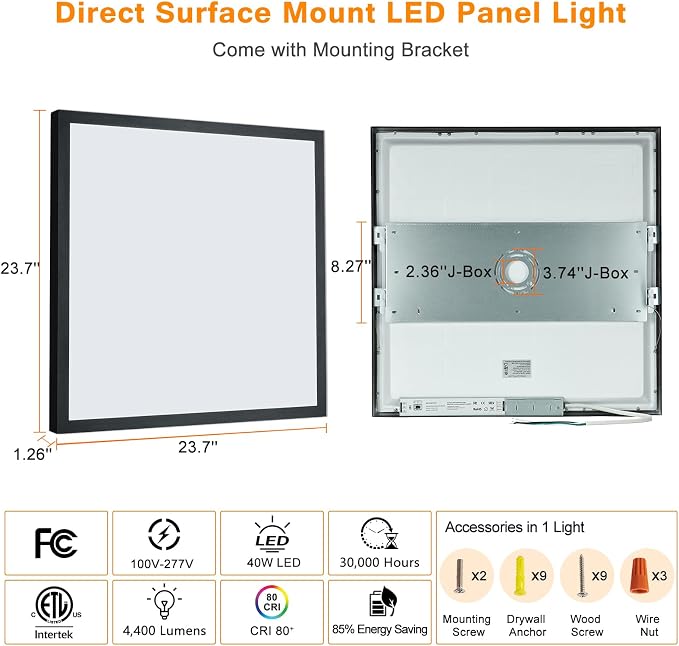 12-Pack Black 2x2 FT LED Flush Mount Panel Light | 5000K 4000K 3000K Selectable & Dimmable, Square Surface Mount led Ceiling Light, 40W, 4400LM, 100-277V, ETL Listed