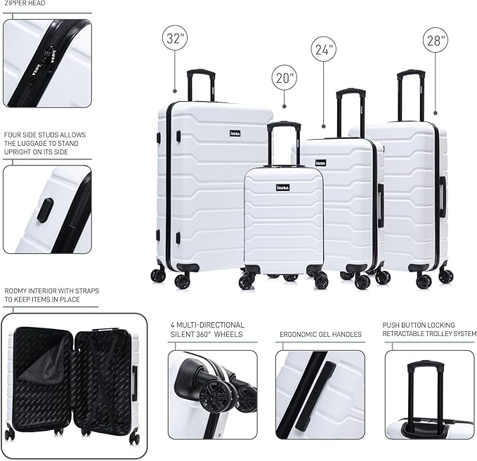 InUSA TREND Luggage with Spinner Wheels | Durable Lightweight Hardside Suitcase, Travel Sets with Handle and Trolley | (20in, 24in, 28in, 32in) 4 Piece Set | White