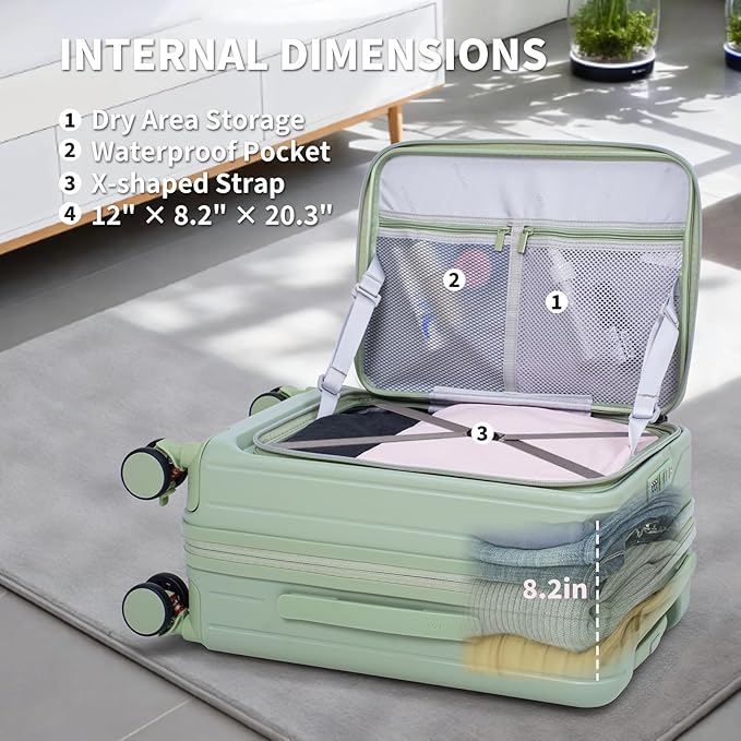 20 Inch Top Opening Carry On Luggage 22x14x9 Airline Approved Expandable With Spinner Wheels & Cup Holder,PC Hard Shell Lightweight Small Shitcase With Tsa Approved For Travel Women Men,Green