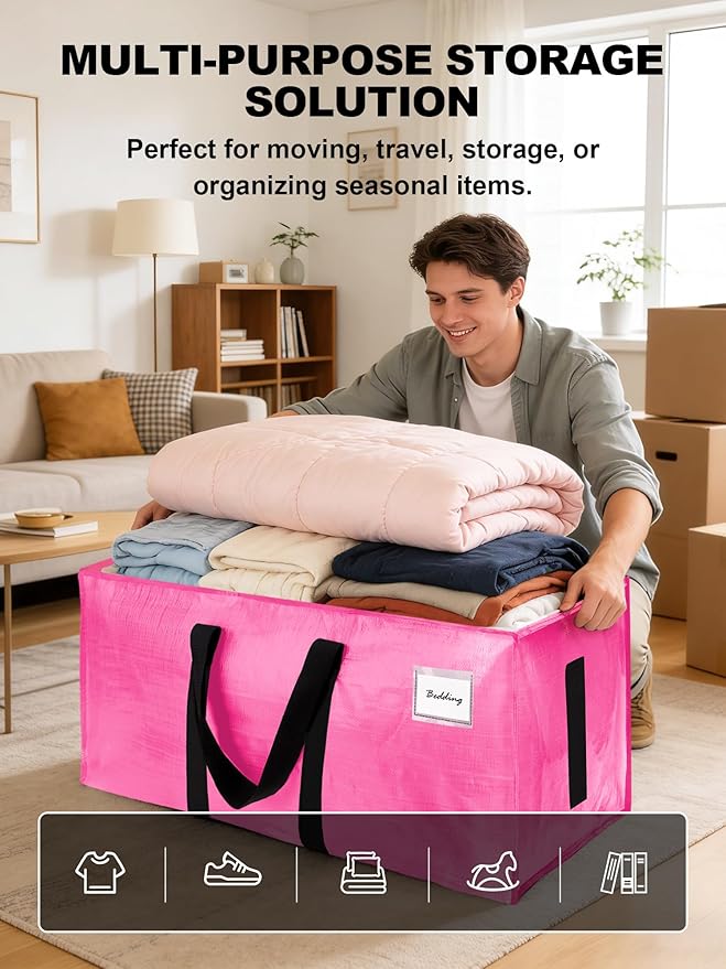 12 Pack Large Strong Moving Bags with Zippers & Carrying Handles - Water-Resistant - Heavy Duty Storage Tote for Space Saving, Fold Flat, Alternative to Moving Box (Pink)