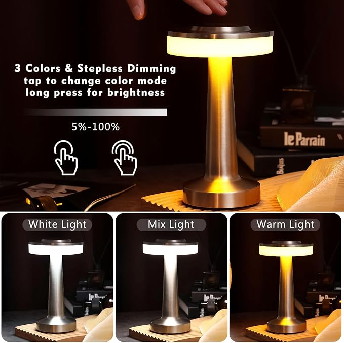 Riakrum 12 Pcs Sliver LED Portable Cordless Table Lamp Bulk with Touch Sensor 3 Color Stepless Dimming Rechargeable Battery up to 15 Hours Cordless Table Light Wireless Lamp Wedding Home