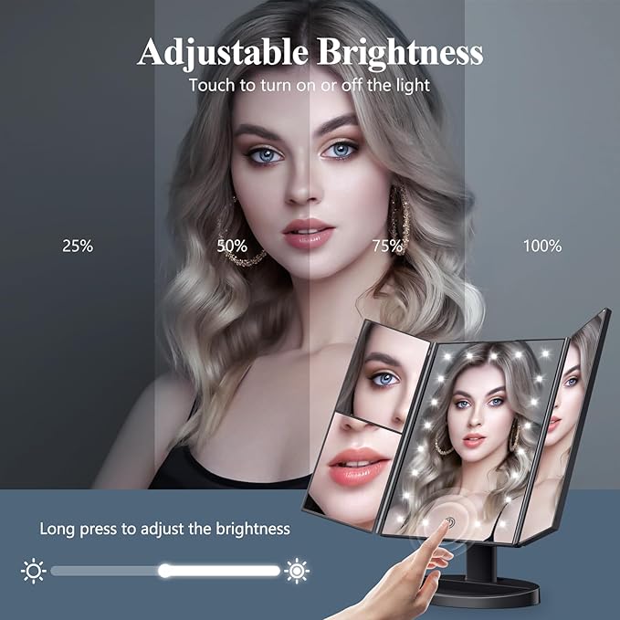 HUONUL Makeup Mirror, Vanity Mirror with Lights, 2X/3X/10X Magnification, Touch Control, Trifold, Dual Power Supply, Valentines Day Gifts for Her,Gifts for Women, Wife, Mom, Girls,Dorm Room Essentials