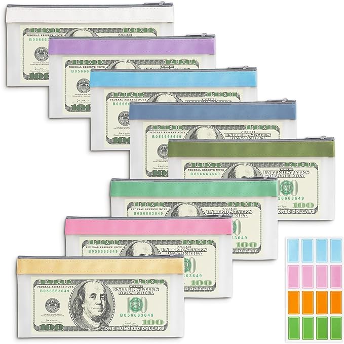 JIABEIUS 8pcs Money Bags with Zipper, Clear Cash Envelopes, Plastic Bank Deposit Bags, Multi-Purpose Money Pouch for Cash Storage, Bank Check Receipt Organizer, Coin Wallet
