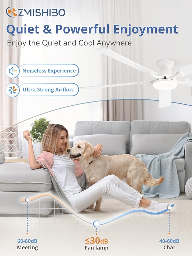 ZMISHIBO 60 Inch Ceiling Fans with Lights, Remote&App Control, Flush Mount | Low Profile, Dimmable 20W LED Light, Quiet Reversible Motor, Strong Airflow, Easy Install for Bedroom/Living Room/Apt, White