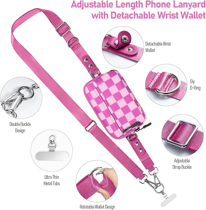 Tiostep Clip and Go Strap for Phone with Wallet Crossbody Phone Lanyard and Detachable Checkered Bag with ID Window and RFID Pouch for Daily Travel.