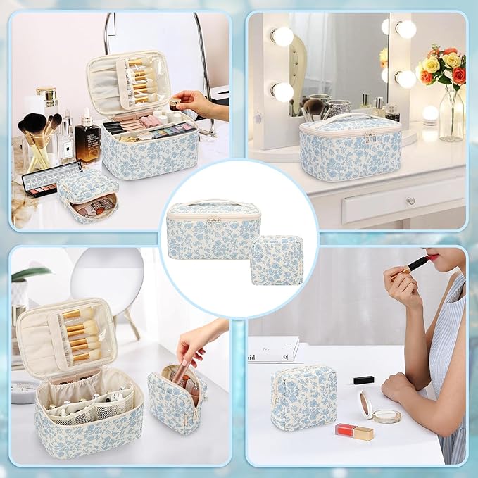 OCHEAL Makeup Bag Set, Portable Travel Makeup Bags Cosmetic Organizer Bag for Women Cute Floral Cosmetic Pouch Large Capacity Make up Bag Toiletry Bags with Divider and Handle-Floral