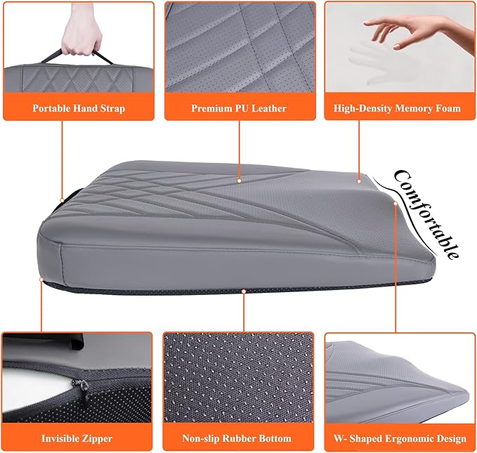 kingphenix Premium Car Seat Cushion, Memory Foam Driver Seat Cushion to Improve Driving View- Coccyx & Lower Back Pain Relief - Seat Cushion for Car, Truck, Office Chair (Leather Gray)