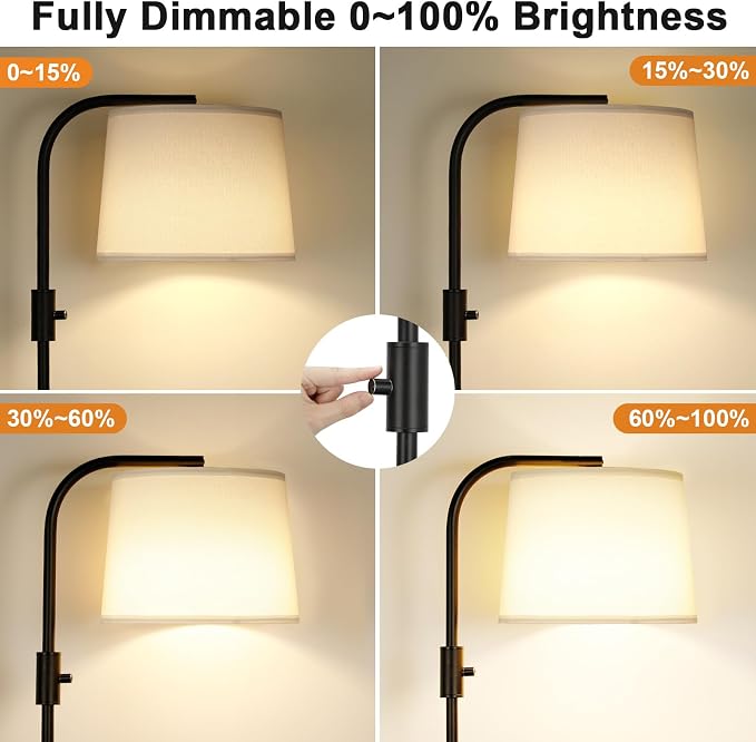 Fully Dimmable Floor Lamp with 9W LED Bulb, Standing Lamp for Living Room with Adjustable Head, Modern Tall Light with Rotary Switch for Office, Black and White